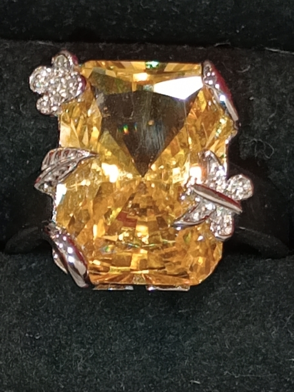 Park Lane Ring Yellow Statement Ring with Pavé Floral Accents And Butterflies